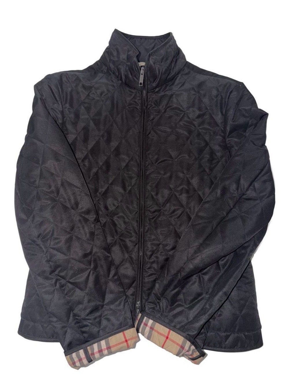 Burberry Black Quilted Jacket with Signature Plaid Cuffs